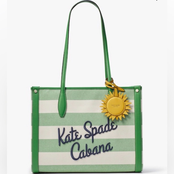 NWT-Kate Spade-Market Cabana☀️Canvas Medium Tote-Green & White Striped-$228: - Picture 10 of 16